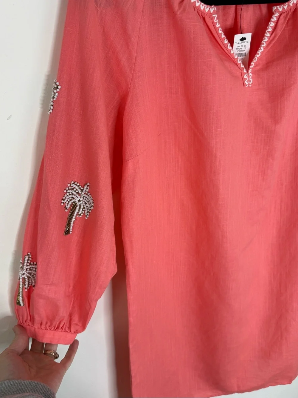 Talbots Linen Blend Shift Dress Size S Petite Palm Tree Embellished Coral NWT - Picture 5 of 14